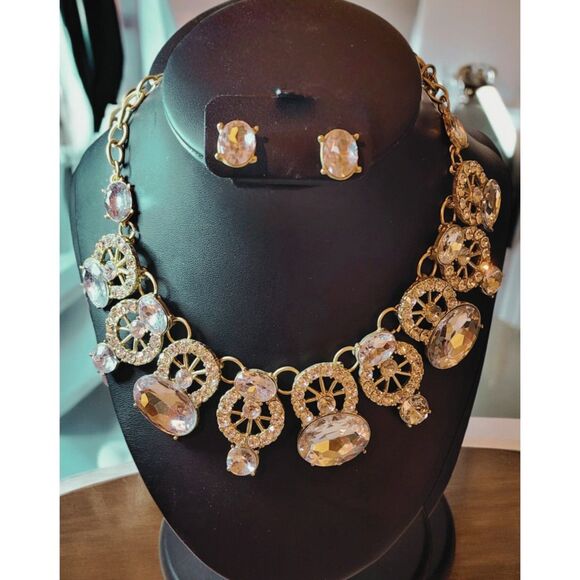 Chunky Statement Necklace & Earrings Set – Silver Tone, Clear Crystal Rhinestone - Picture 2 of 6